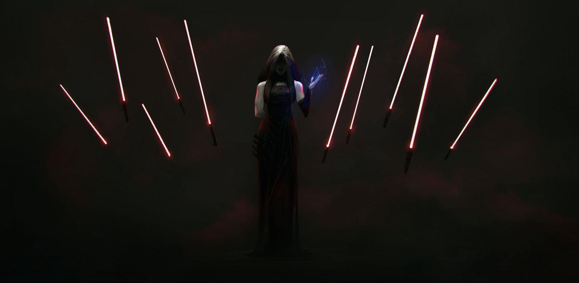 8K Ultra HD Star Wars-style sci‑fi wallpaper: cloaked figure in shadow wields a blue lightsaber as hovering red lightsaber blades encircle them in mist.