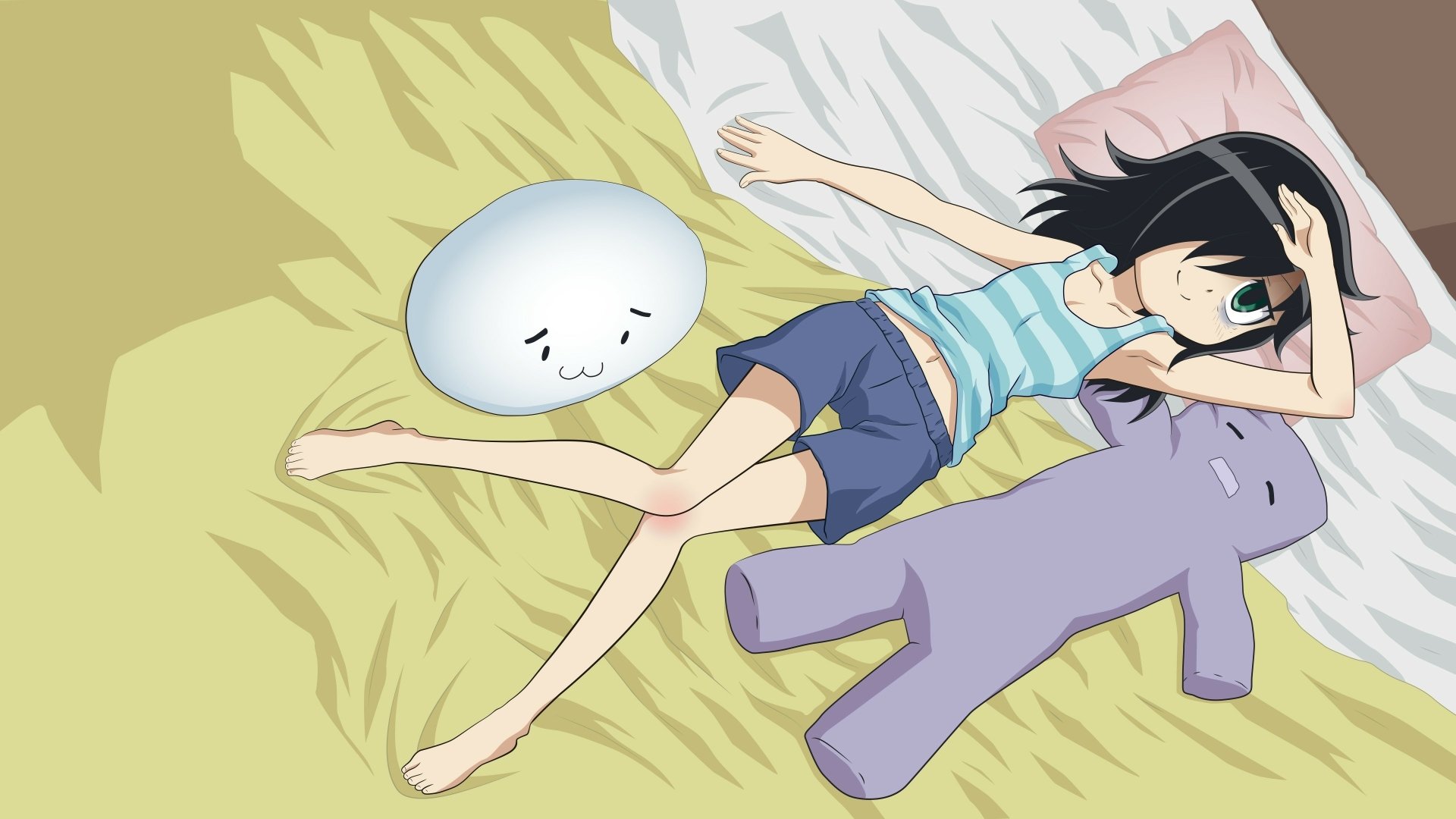 Tomoko Kuroki from Watamote lies on a bed with plush toys, captured in a vibrant 4K Ultra HD anime wallpaper background.