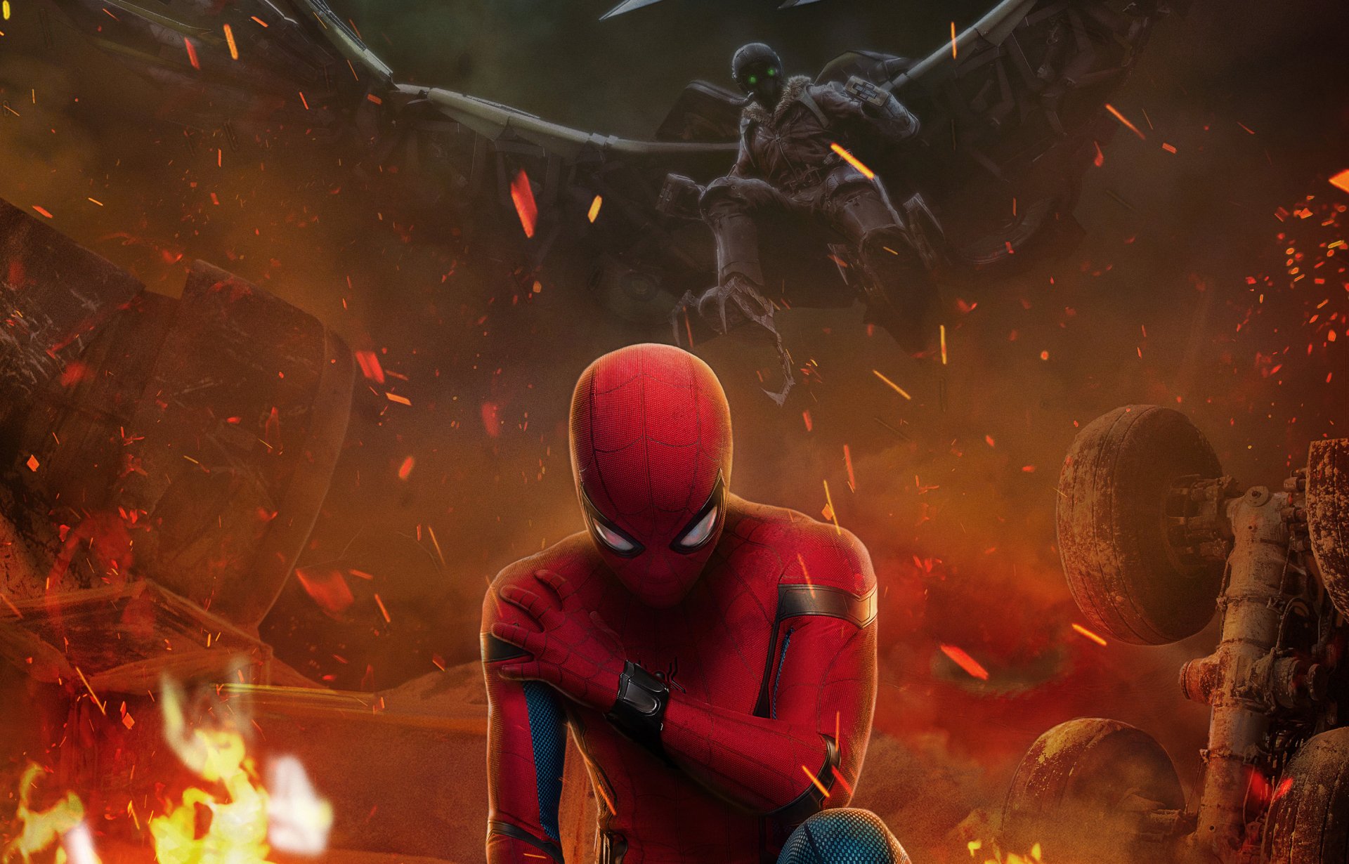 HD desktop wallpaper featuring Spider-Man crouching amidst debris and flames with Vulture from Marvel Comics flying in the background, inspired by the movie Spider-Man: Homecoming.
