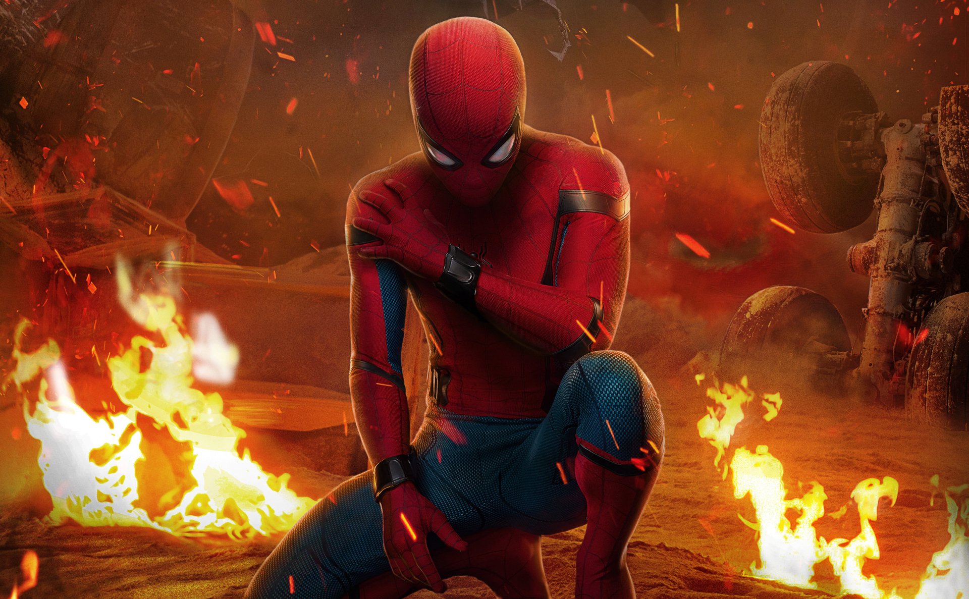 HD desktop wallpaper of Spider-Man from Spider-Man: Homecoming movie, featuring Spider-Man kneeling in a fiery, chaotic background.