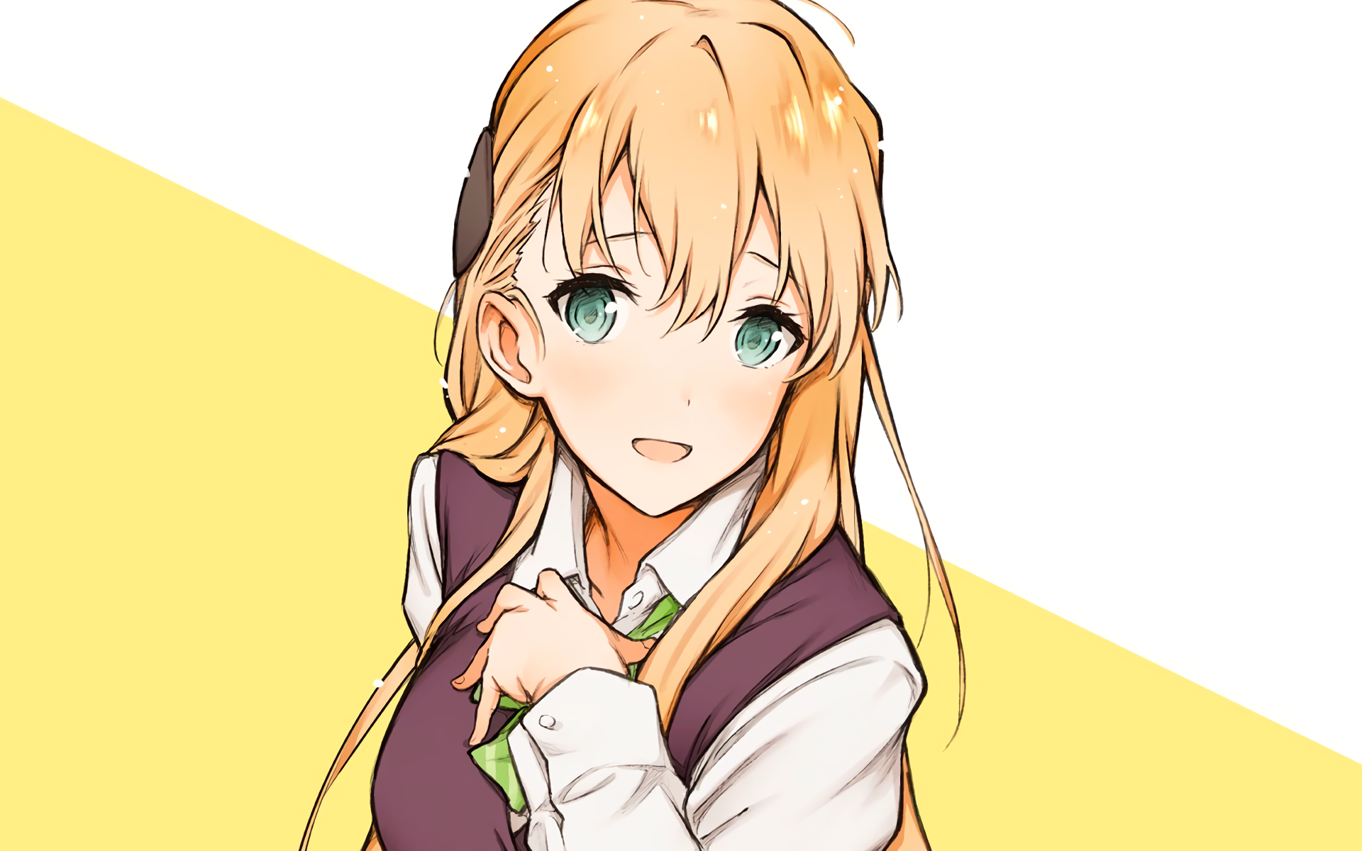 HD anime desktop wallpaper featuring Karen Tendou, a green-eyed gamer with long blonde hair and headphones, set against a yellow and white background.