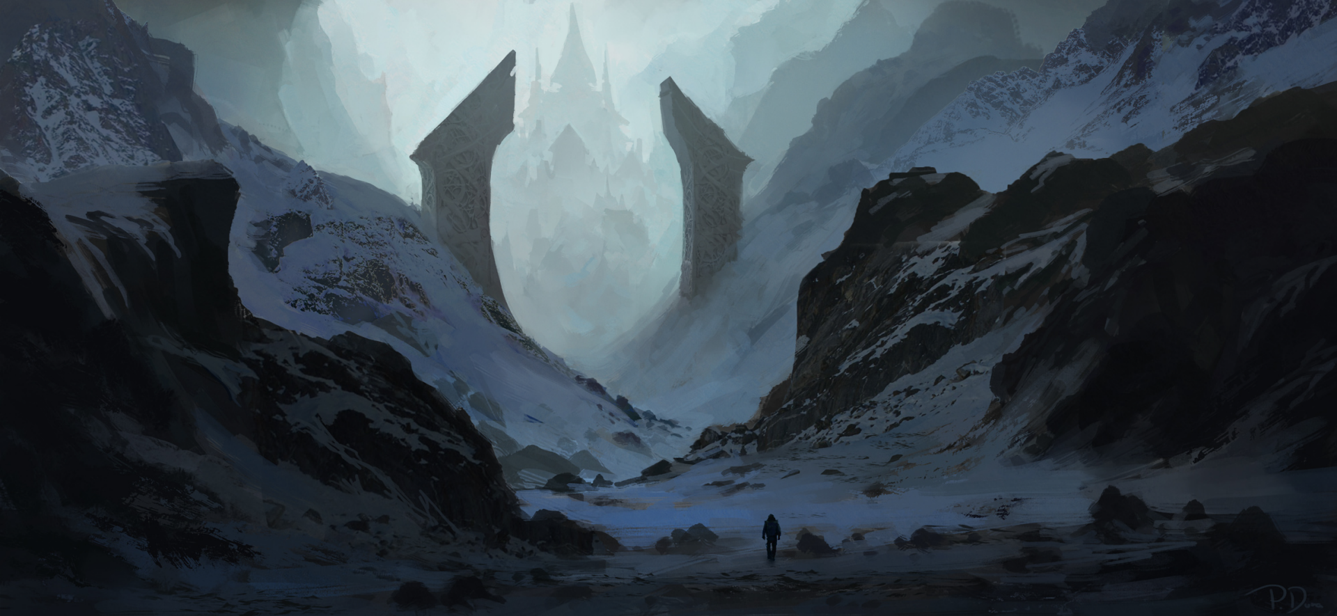 Download Dark Fog Mountain Snow Castle Fantasy Landscape Hd Wallpaper