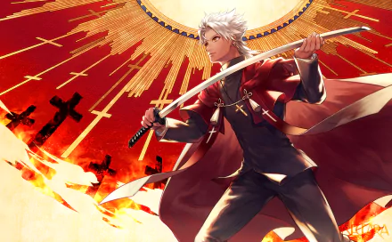 HD anime wallpaper featuring Shirou Kotomine from Fate/Apocrypha, wielding a sword with a dramatic fiery cross background.