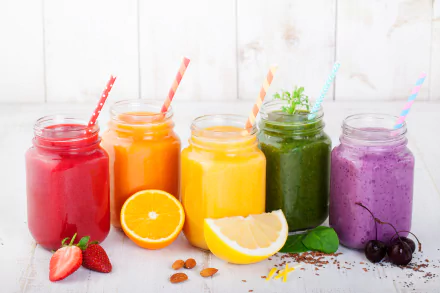 Vibrant 4K Ultra HD wallpaper featuring colorful fruit smoothies in jars with straws, accompanied by fresh fruits and nuts against a bright background.