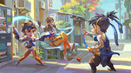 HD PC desktop wallpaper featuring stylized chibi Tracer and other Overwatch characters in a vibrant, animated video game scene.