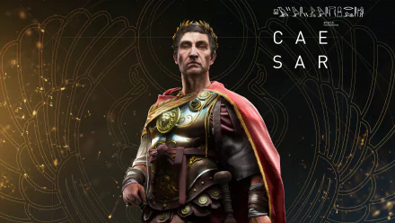 Julius Caesar depicted in 8K Ultra HD from the video game Assassin's Creed Origins, set against a dark, intricate background with his name in stylized text.