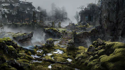 HD desktop wallpaper and background from the 2018 video game God of War, featuring a misty, ancient ruin surrounded by lush vegetation and rugged terrain.