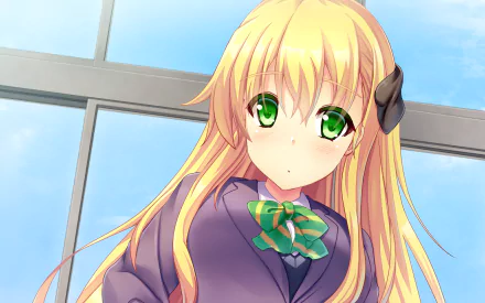 HD anime desktop wallpaper featuring Karen Tendou with long blonde hair and green eyes, wearing a purple outfit and green bow, set against a bright window background.