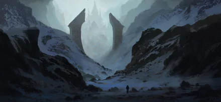 Dark fantasy landscape featuring a solitary figure in a foggy, snowy mountain valley with towering castle ruins in the distance, captured in HD for a PC desktop wallpaper.