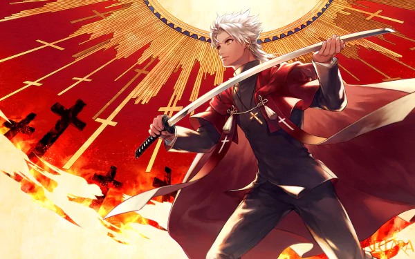 HD anime wallpaper featuring Shirou Kotomine from Fate/Apocrypha, wielding a sword with a dramatic fiery cross background.