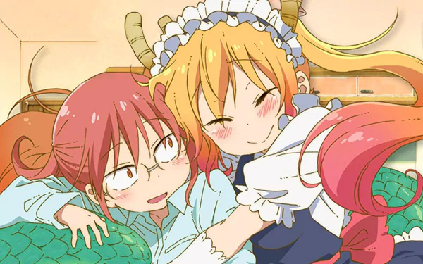A vibrant HD desktop wallpaper featuring Kobayashi and Tohru from Miss Kobayashi's Dragon Maid, showcasing their playful friendship in a cozy, anime-inspired setting.