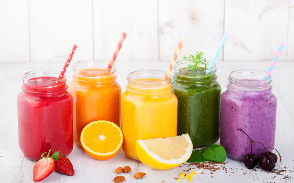 Vibrant 4K Ultra HD wallpaper featuring colorful fruit smoothies in jars with straws, accompanied by fresh fruits and nuts against a bright background.