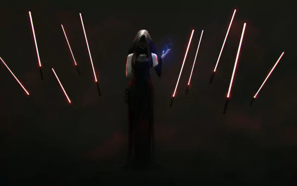 8K Ultra HD Star Wars-style sci‑fi wallpaper: cloaked figure in shadow wields a blue lightsaber as hovering red lightsaber blades encircle them in mist.