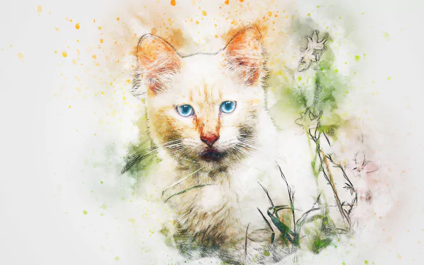 HD desktop wallpaper of a watercolor painting featuring a cat with blue eyes, delicately blended with light splashes of color and surrounding greenery.