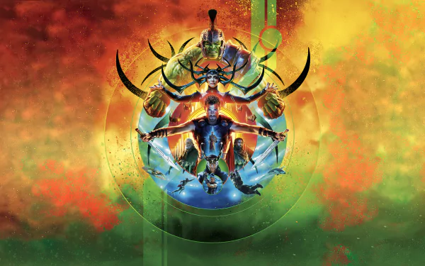 HD desktop wallpaper and background featuring characters from the movie Thor: Ragnarok, set against a vibrant, colorful backdrop.