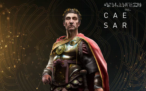 Julius Caesar depicted in 8K Ultra HD from the video game Assassin's Creed Origins, set against a dark, intricate background with his name in stylized text.