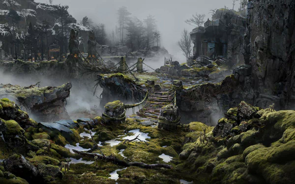 HD desktop wallpaper and background from the 2018 video game God of War, featuring a misty, ancient ruin surrounded by lush vegetation and rugged terrain.