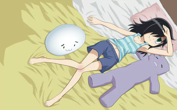 Tomoko Kuroki from Watamote lies on a bed with plush toys, captured in a vibrant 4K Ultra HD anime wallpaper background.