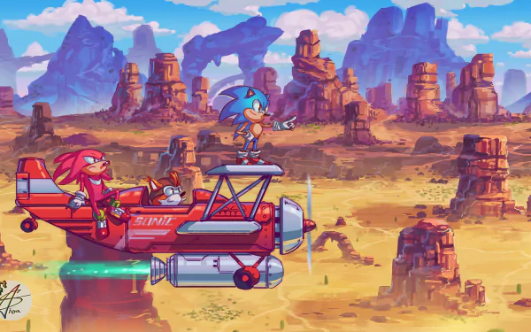 HD wallpaper featuring Sonic the Hedgehog, Miles 'Tails' Prower, and Knuckles the Echidna from Sonic Mania. They are flying over a desert landscape with rock formations and a bright blue sky.