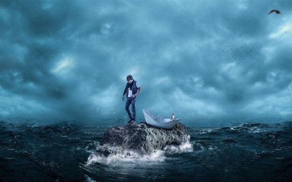 Photography Manipulation Fantasy Ocean Sea Wave Paper Boat Cat HD Wallpaper | Background Image