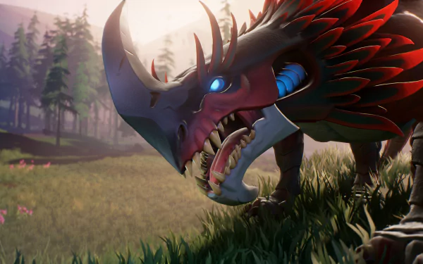 HD PC desktop wallpaper featuring a fierce creature from the video game Dauntless, showcasing sharp horns, glowing blue eyes, and detailed scales in a forest setting.