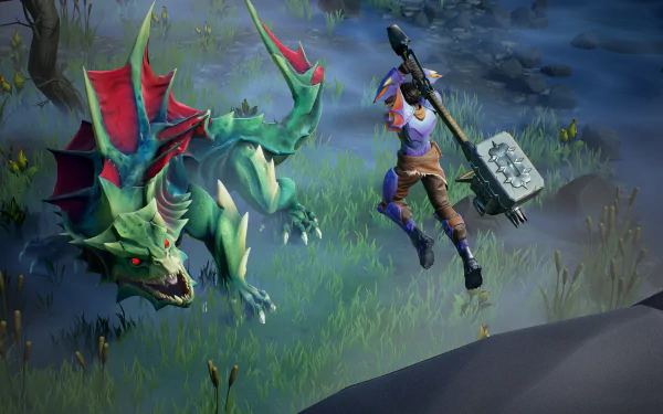 HD PC desktop wallpaper from the video game Dauntless, featuring a warrior mid-attack against a fierce, green, dragon-like creature in a misty, forested environment.