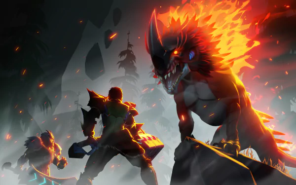 HD wallpaper from the video game Dauntless featuring a warrior facing a fiery creature amidst a dark, atmospheric background.