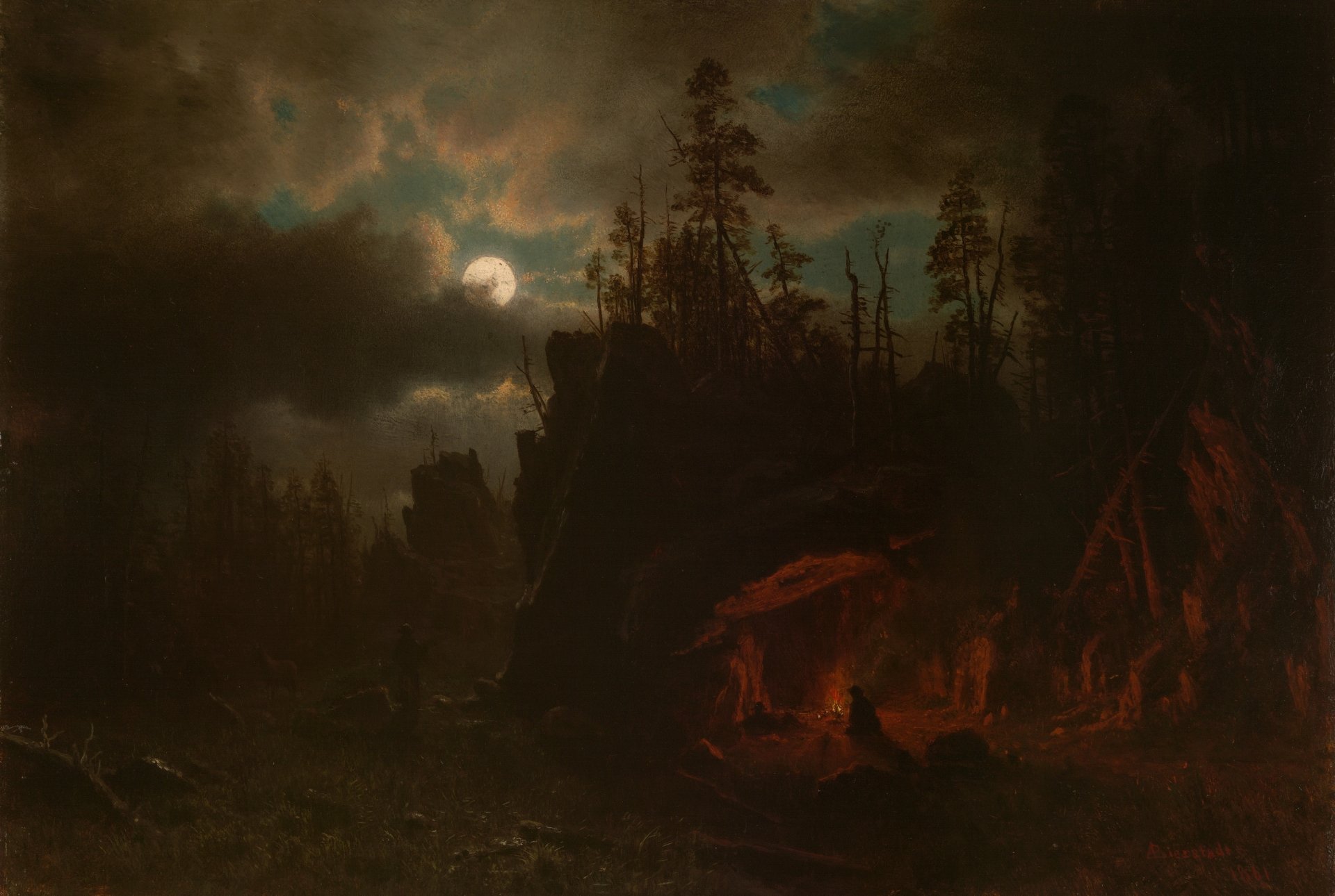 HD artistic painting of a night landscape featuring a glowing moon partially hidden by clouds, silhouetted trees, and a warm campfire glow amidst rocky terrain.