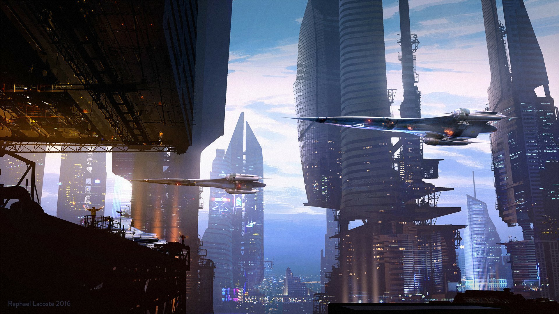 Futuristic sci-fi cityscape with towering buildings, flying aircraft, and clouds set against a bright sky, captured in a high-definition PC desktop wallpaper.