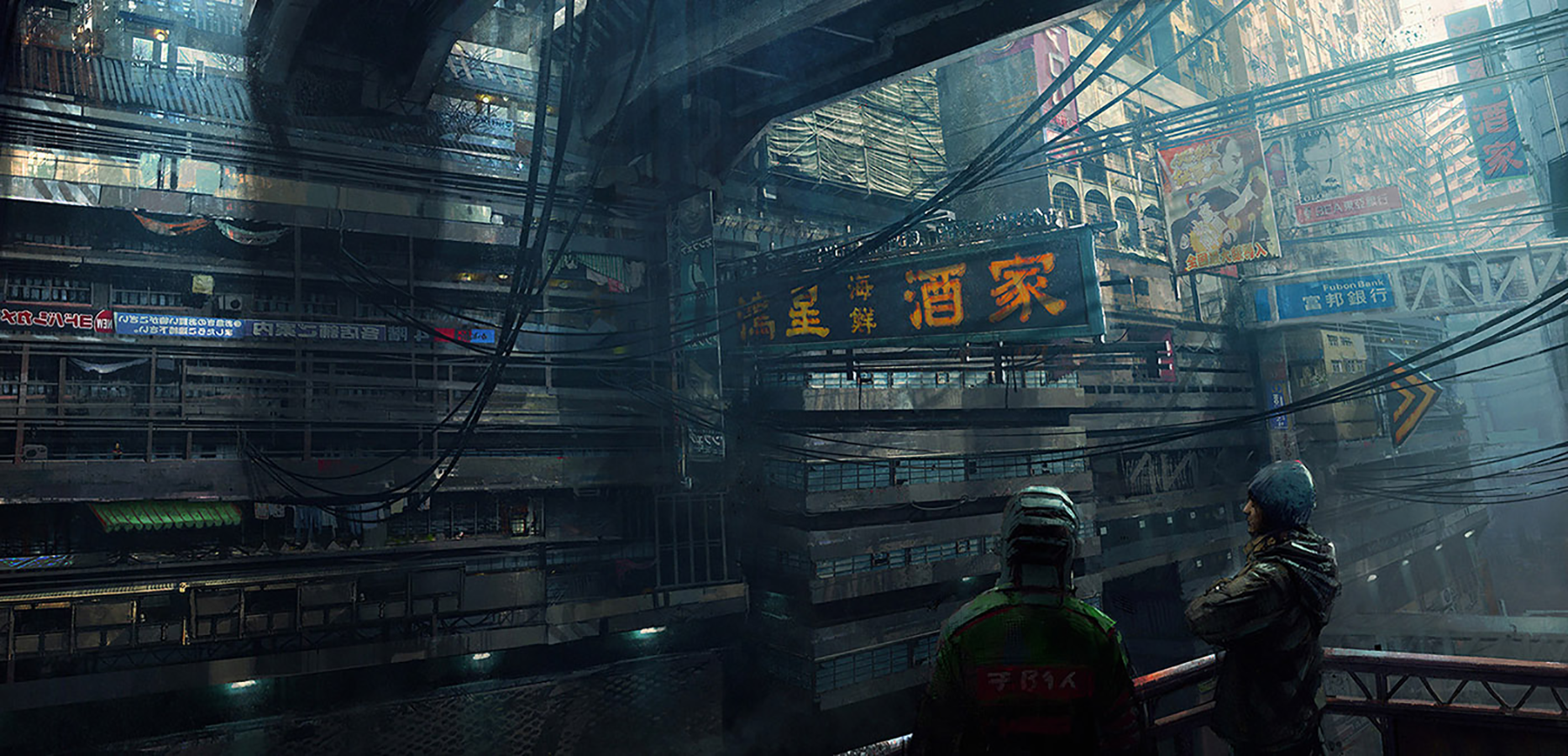 HD PC desktop wallpaper featuring a detailed sci-fi cityscape with dense, futuristic architecture and glowing signage, capturing a cyberpunk urban atmosphere.