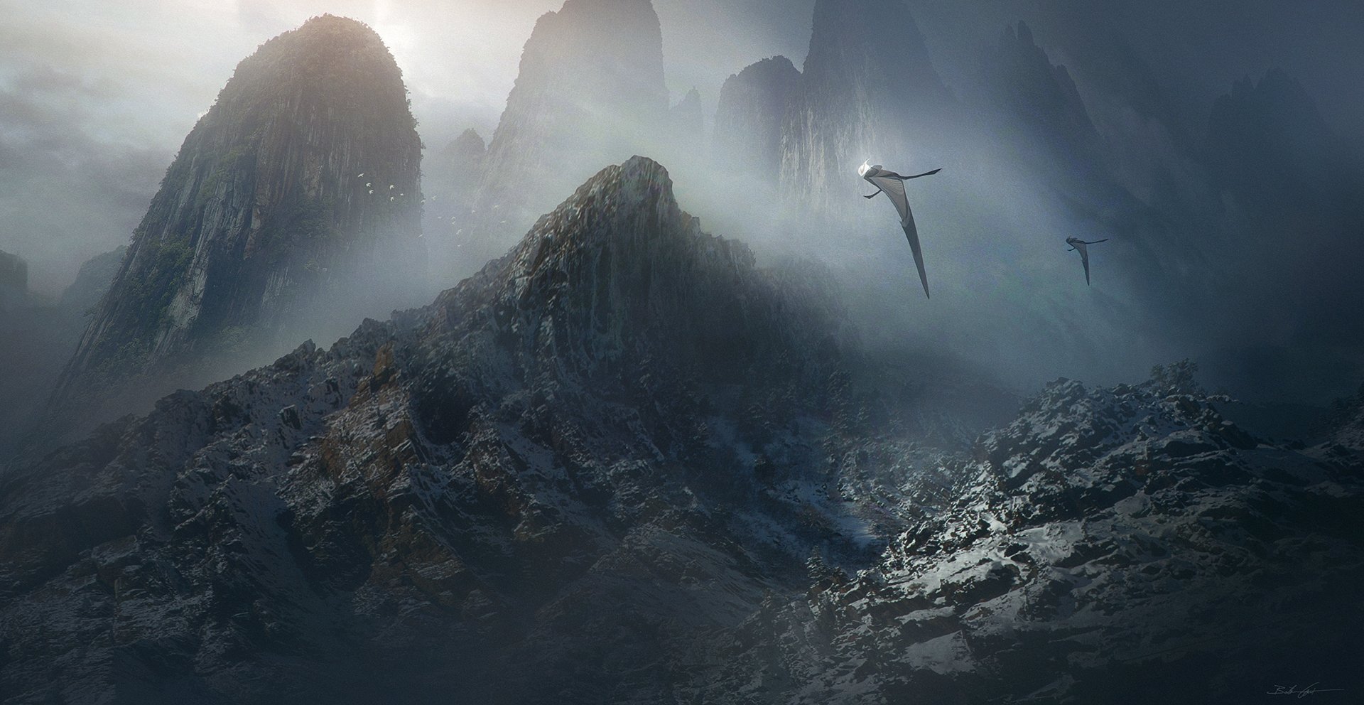 Futuristic Mountain Realm: Sci-Fi Landscape HD Wallpaper by Bastien ...