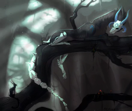 Dark fantasy scene featuring a horned creature with glowing eyes perched on a twisted branch in a shadowy forest, captured in 4K Ultra HD PC desktop wallpaper quality.