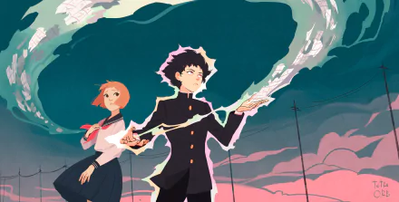 A HD desktop wallpaper featuring anime characters from Mob Psycho 100, with a vibrant backdrop and dynamic poses.