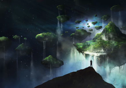 A fantasy landscape HD desktop wallpaper featuring floating islands with waterfalls set against a cosmic space backdrop, viewed by a lone figure on a rocky peak.