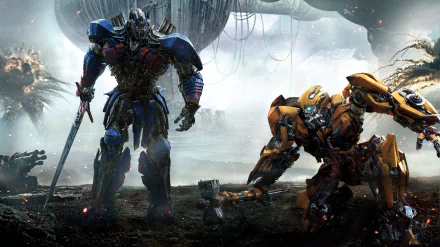 Optimus Prime stands tall alongside Bumblebee in this HD wallpaper from Transformers: The Last Knight movie.