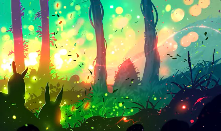 Artistic HD wallpaper of a fantasy forest at sunset, illuminated by sunshine and vibrant colors, featuring silhouettes of bunnies amidst lush foliage.