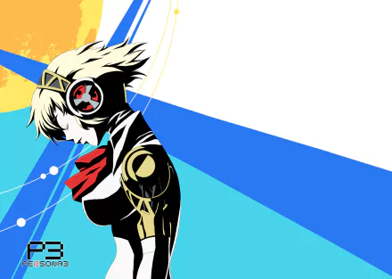 HD desktop wallpaper featuring Aigis from the video game Persona 3 with bold colors and dynamic lines in a stylized Persona art style.