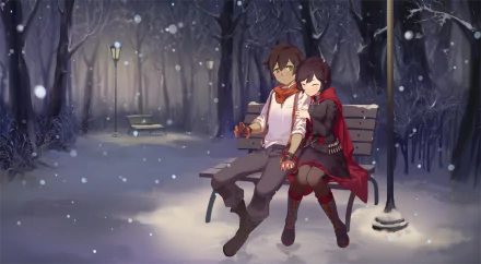 Oscar Pine and Ruby Rose from RWBY sit together on a bench amid softly falling snow in a serene, anime-style HD desktop wallpaper background.