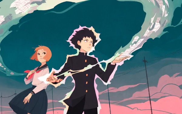 A HD desktop wallpaper featuring anime characters from Mob Psycho 100, with a vibrant backdrop and dynamic poses.
