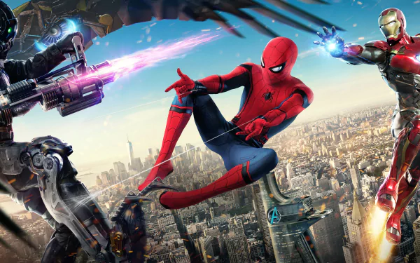 HD desktop wallpaper featuring Spider-Man swinging between Iron Man and Vulture over a cityscape from the movie Spider-Man: Homecoming.