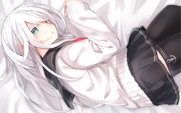 HD anime desktop wallpaper featuring Hibiki from Kantai Collection, showcasing her white hair, teal eyes, and casual sailor-style outfit in a relaxed pose.