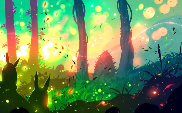 Artistic HD wallpaper of a fantasy forest at sunset, illuminated by sunshine and vibrant colors, featuring silhouettes of bunnies amidst lush foliage.
