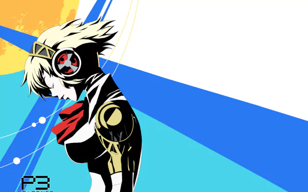HD desktop wallpaper featuring Aigis from the video game Persona 3 with bold colors and dynamic lines in a stylized Persona art style.