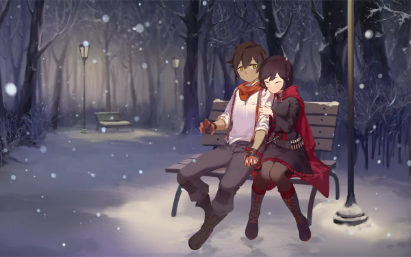 Oscar Pine and Ruby Rose from RWBY sit together on a bench amid softly falling snow in a serene, anime-style HD desktop wallpaper background.