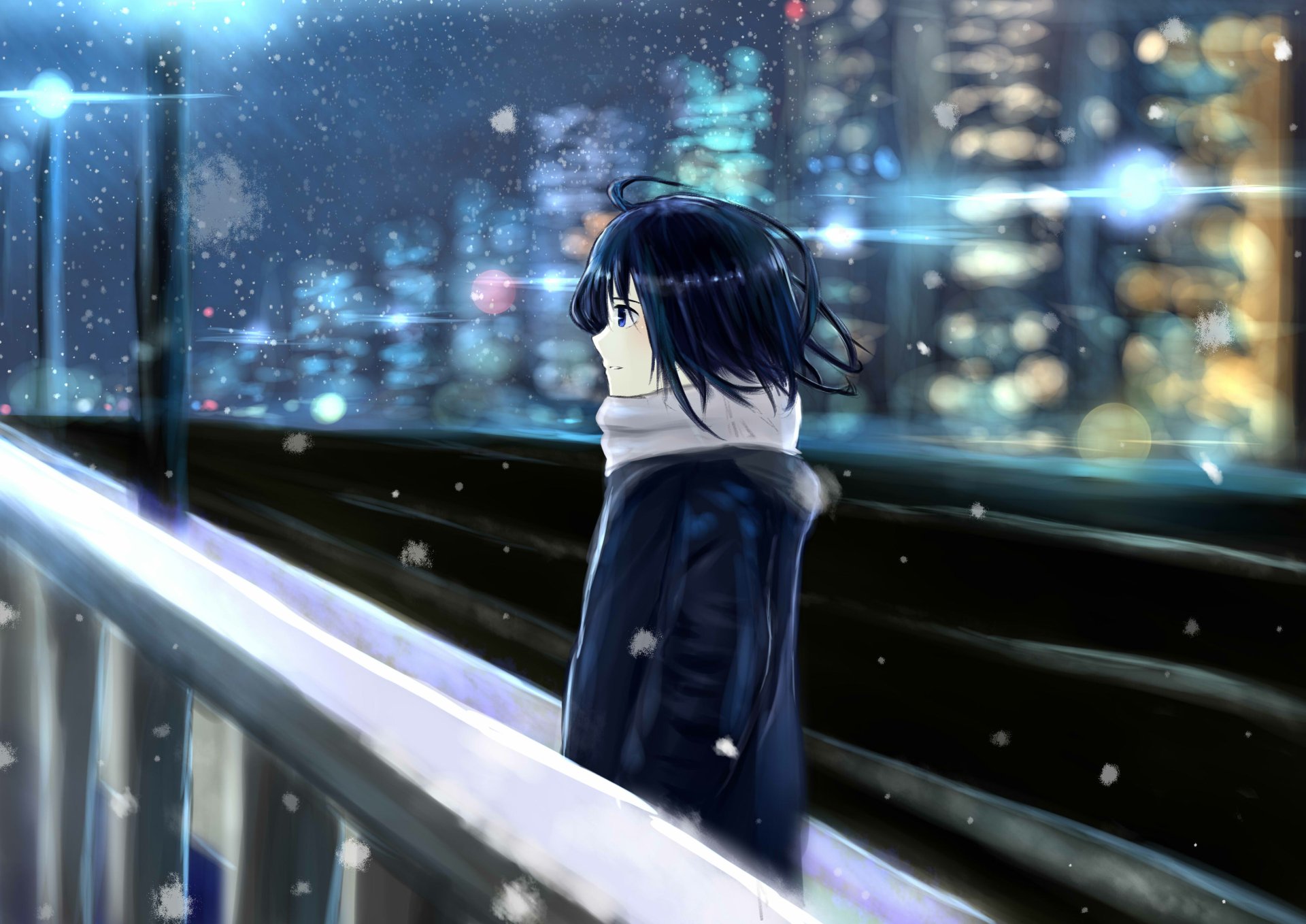 Download Scarf Light Night City Cold Snow Anime Original Anime Night Anime City Night Snow HD Wallpaper by 心象Sketch.