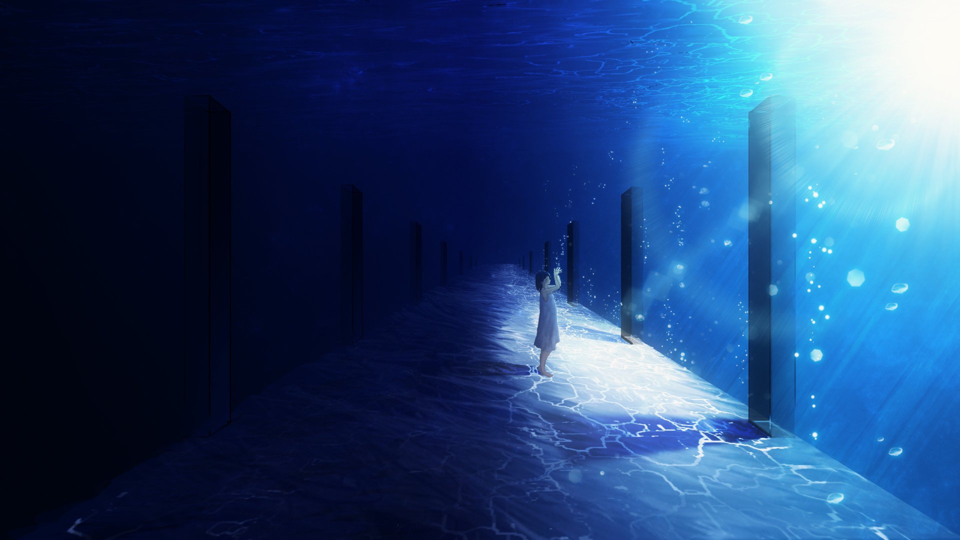 Anime-style HD desktop wallpaper of a figure in a dress standing underwater with sunlight and bubbles illuminating the scene.