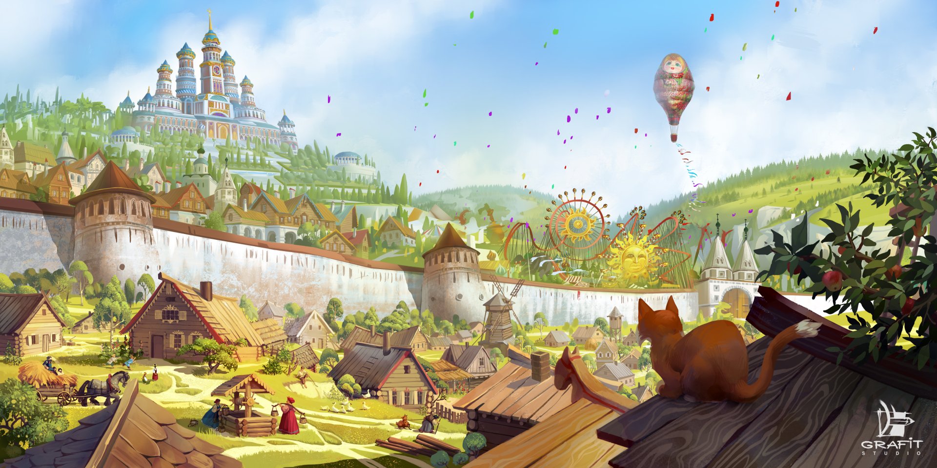 A whimsical fantasy cityscape featuring a cat perched on a rooftop, overlooking colorful houses, a vibrant fairground, and a hot air balloon floating in a bright sky.
