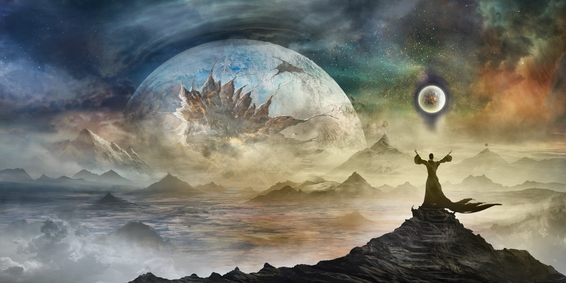 A dramatic sci-fi landscape features a colossal cracked planet in collision, with a figure standing on rocky terrain beneath a swirling cosmic sky. HD PC desktop wallpaper.