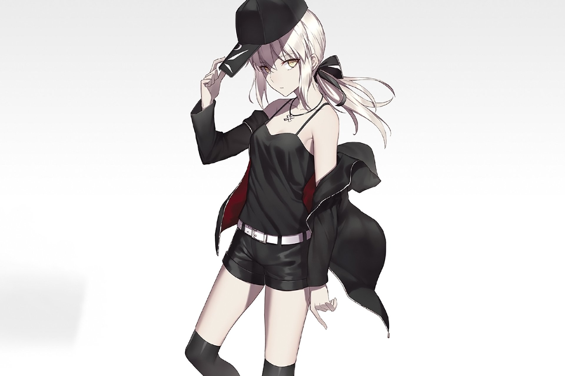 HD desktop wallpaper featuring Saber Alter, also known as Artoria Pendragon, from the anime Fate/Grand Order. She stands confidently in stylish black attire, with a hat and coat, against a minimalist background.