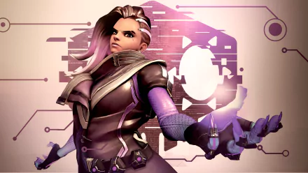 HD PC desktop wallpaper featuring Sombra from the video game Overwatch, showcasing her in a dynamic pose with a tech-inspired background.